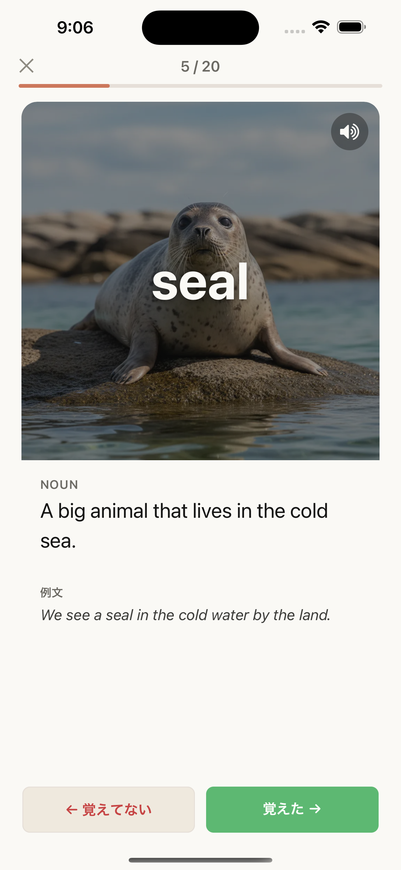 ピクたんの「seal」カード画面。画像、定義、例文、覚えてた／まだ、のボタンが見える。