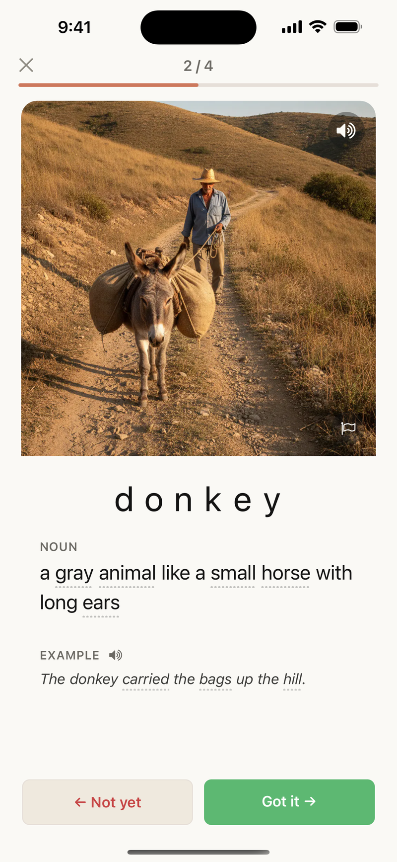 A study card for “donkey,” with a photo of a donkey on a hillside path beside a plain-English definition and an example sentence.